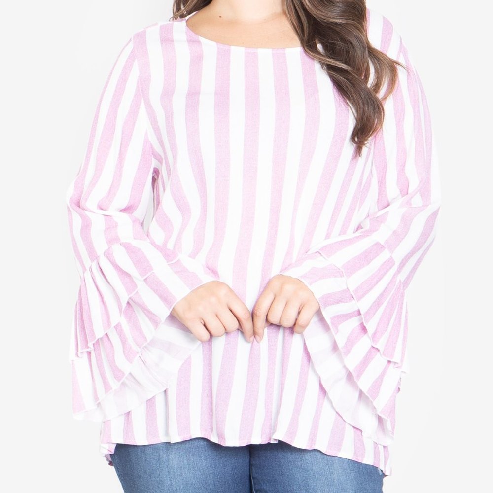 Brand New Stylish Lightweight Lavender White Stripes Bell Sleeve Blouse - 2XL